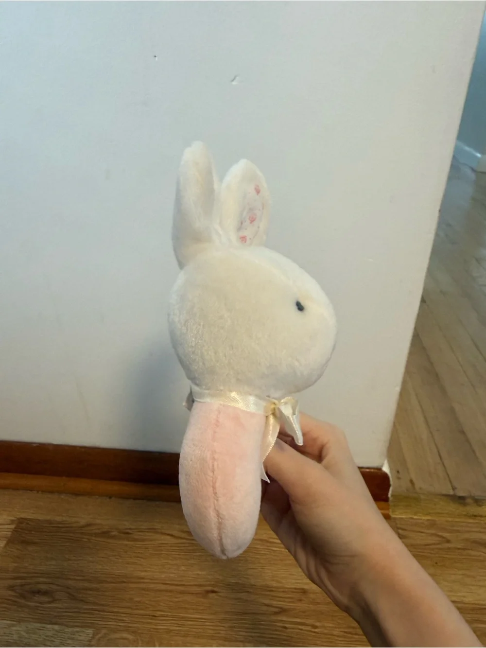 Vtg Carter's Plush Pink White Could Just Stay Little Bunny Rattle Ring Baby Toy